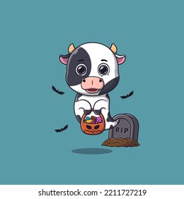 Cute vaca fantasma con cesta de calabaza llena de dulces