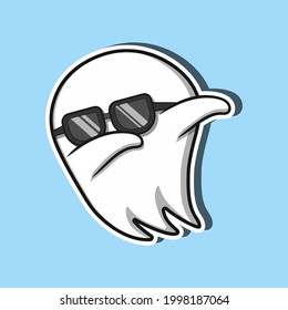 Cute Ghost Dabbing Pose With Sunglasses Cartoon Vector Icon Illustration. Halloween Ghost Icon Concept. Flat Cartoon Style.  Good for as mascot, stickers, emoji, emoticons.