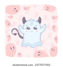 A cute ghost with devil horns and a tail, surrounded by many flying ghosts. Can be used as a Halloween card, sticker, poster.