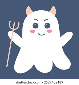 Cute ghost with devil horns and trident. Spooky funny Halloween character. Vector flat hand drawn illustration.