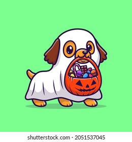 Cute Ghost Dog With Pumpkin Halloween Cartoon Vector Icon Illustration. Animal Holiday Icon Concept Isolated Premium Vector. Flat Cartoon Style