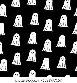 Lindo fantasma blanco doodle patrón de fondo sin fisuras con diferentes expresiones faciales, sonrisa, triste, decepcionado, feliz, riendo, sorprendido. Para halloween, horror, envoltura de regalo