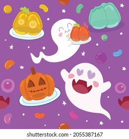 Cute Ghost doodle enjoy pumpkin jelly for Halloween Party.