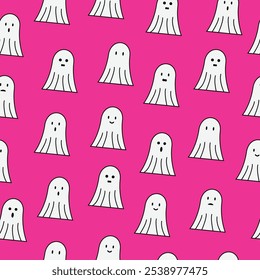 Lindo fantasma doodle patrón transparente sobre fondo rosa con diferentes expresiones faciales, sonrisa, triste, decepcionado, feliz, riendo, sorprendido. Para halloween, horror, envoltura de regalo