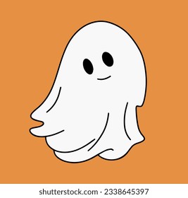 Cute ghost in doodle style for Halloween isolated on orange background. Vector illustration.