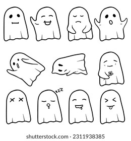 cute ghost doodle vector in various poses, doodle black and white