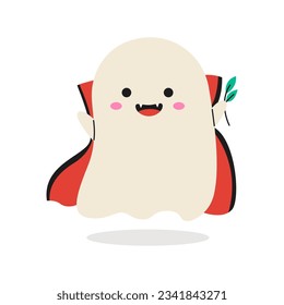 Cute ghost in dracula halloween costume. Flat vector illustration isolated on white background.