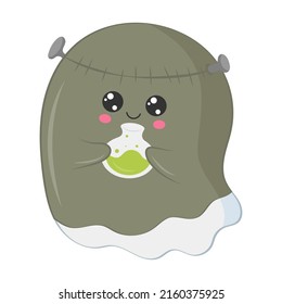 Cute ghost dressed as a zombie. Vector Halloween illustration. Cute little illustration Halloween ghost for kids, fairy tales, covers, baby shower, textile t-shirt, baby book.