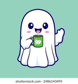 Cute Ghost Drinking Hot Coffee Cartoon Vector Icon Illustration. Drink Holiday Icon Concept Isolated Premium Vector. Flat Cartoon Style