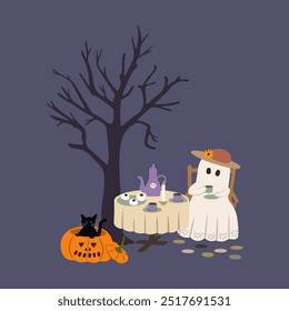 Cute ghost drinking tea under spooky tree vector illustration. Whimsical Halloween character with cup of tea, round dining table, bare tree, autumn pumpkins and black cat on dark background