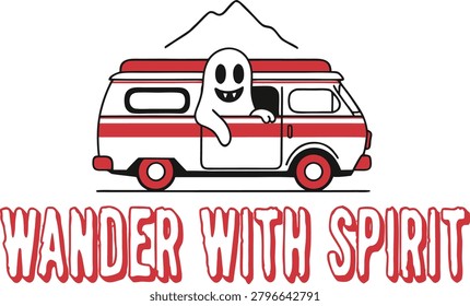 Cute Ghost Driving Retro Camper Van Illustration with Wander With Spirit Text