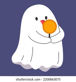 Cute ghost eating lollipop vector isolated  Funny fantasy creature licking sweet orange lollipop  Concept Halloween  October holiday  Greeting card design element 