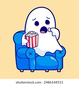 Cute Ghost Eating Popcorn On Sofa Cartoon Vector Icon Illustration. Food Holiday Icon Concept Isolated Premium Vector. Flat Cartoon Style