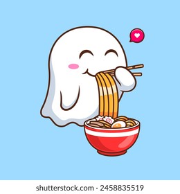 Cute Ghost Eating Ramen Noodle With Chopstick Cartoon Vector Icon Illustration. Holiday Food Icon Concept Isolated Premium Vector. Flat Cartoon Style