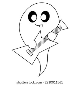 Cute Ghost with electric guitar. Draw illustration in black and white
