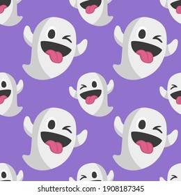 Cute Ghost Emoji Pattern. Halloween Seamless Purple Background Symbols. Silhouette Emoticon Character Design Vector.