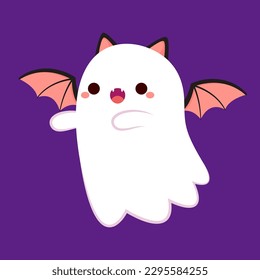 Cute ghost emotional expression. Halloween phantom ghost with different character. Ghost isolated on purple background. Bat.