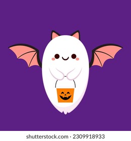 Cute ghost emotional expression. Halloween phantom ghost with different character. Ghost isolated on purple background. Bat.