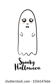 Cute ghost with face. Spooky Halloween greeting card on Halloween. 
