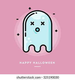 Cute ghost, flat design thin line halloween banner, vector illustration