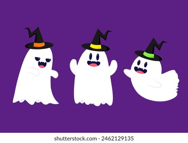 Cute ghost floating with Halloween day for Trick or Treat. Funny spooky boo character. Spook phantom with happy smiling face expression. Isolated kids flat vector illustration.