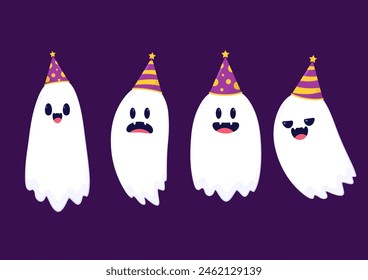Cute ghost floating with Halloween day for Trick or Treat. Funny spooky boo character. Spook phantom with happy smiling face expression. Isolated kids flat vector illustration.