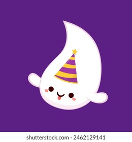 Cute ghost floating with Halloween day for Trick or Treat. Funny spooky boo character. Spook phantom with happy smiling face expression. Isolated kids flat vector illustration.