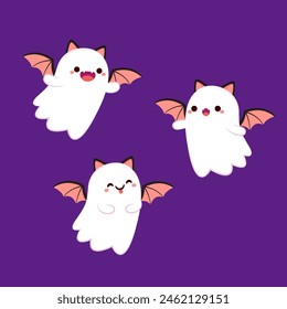 Cute ghost floating with Halloween day for Trick or Treat. Funny spooky boo character. Spook phantom with happy smiling face expression. Isolated kids flat vector illustration.