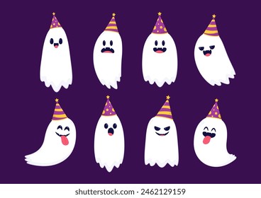 Cute ghost floating with Halloween day for Trick or Treat. Funny spooky boo character. Spook phantom with happy smiling face expression. Isolated kids flat vector illustration.
