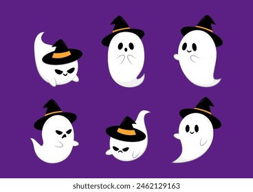 Cute ghost floating with Halloween day for Trick or Treat. Funny spooky boo character. Spook phantom with happy smiling face expression. Isolated kids flat vector illustration.