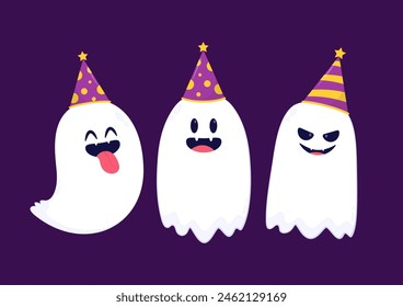 Cute ghost floating with Halloween day for Trick or Treat. Funny spooky boo character. Spook phantom with happy smiling face expression. Isolated kids flat vector illustration.