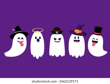 Cute ghost floating with Halloween day for Trick or Treat. Funny spooky boo character. Spook phantom with happy smiling face expression. Isolated kids flat vector illustration.