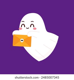 Cute ghost floating with Halloween. Funny spooky boo character. Spook phantom with happy smiling face expression. Isolated kids flat vector illustration.