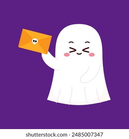 Lindo fantasma flotando con Halloween. Divertido personaje de libro espeluznante. Espantado fantasma con expresión de cara sonriente feliz. Ilustración vectorial plana para niños aislados.
