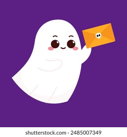Cute ghost floating with Halloween. Funny spooky boo character. Spook phantom with happy smiling face expression. Isolated kids flat vector illustration.