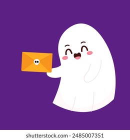 Cute ghost floating with Halloween. Funny spooky boo character. Spook phantom with happy smiling face expression. Isolated kids flat vector illustration.