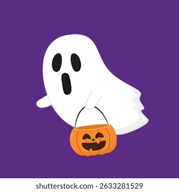 Cute ghost floating with Halloween. Funny spooky boo character. Spook phantom with happy smiling face expression. Isolated kids flat vector illustration.