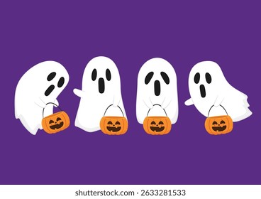 Cute ghost floating with Halloween. Funny spooky boo character. Spook phantom with happy smiling face expression. Isolated kids flat vector illustration.