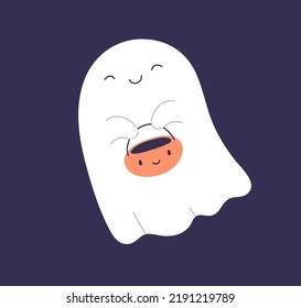 Cute ghost floating with Halloween pumpkin basket for Trick or Treat. Funny spooky boo character flying. Baby spook phantom with happy smiling face expression. Isolated kids flat vector illustration