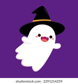 Cute ghost floating with Halloween pumpkin basket for Trick or Treat. Funny spooky boo character. Spook phantom with happy smiling face expression. Isolated kids flat vector illustration.