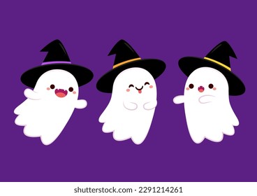 Cute ghost floating with Halloween pumpkin basket for Trick or Treat. Funny spooky boo character. Spook phantom with happy smiling face expression. Isolated kids flat vector illustration.