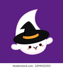Cute ghost floating with Halloween pumpkin basket for Trick or Treat. Funny spooky boo character. Spook phantom with happy smiling face expression. Isolated kids flat vector illustration.