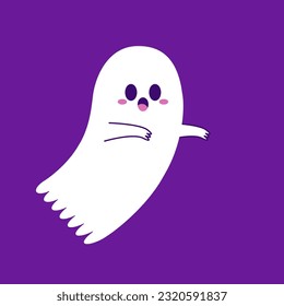 Cute ghost floating with Halloween pumpkin basket for Trick or Treat. Funny spooky boo character. Spook phantom with happy smiling face expression. Isolated kids flat vector illustration.