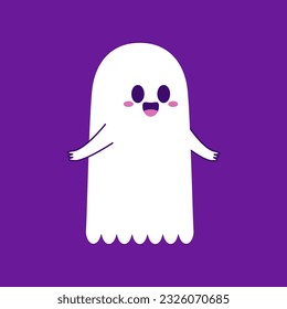 Cute ghost floating with Halloween pumpkin basket for Trick or Treat. Funny spooky boo character. Spook phantom with happy smiling face expression. Isolated kids flat vector illustration.