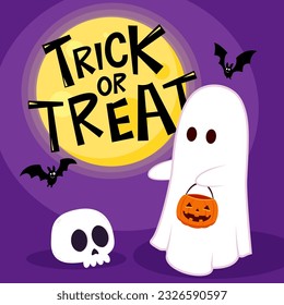 Fantasma lindo flotando con la canasta de calabaza de Halloween para Trick o Treat. Es gracioso el personaje de boo. Hablé de fantasía con expresión de cara sonriente feliz. Niñas aisladas ilustraciones planas vectoriales.