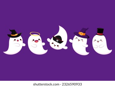 Cute ghost floating with Halloween pumpkin basket for Trick or Treat. Funny spooky boo character. Spook phantom with happy smiling face expression. Isolated kids flat vector illustration.