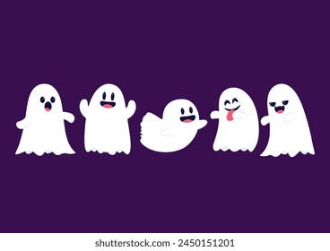 Cute ghost floating with Halloween pumpkin basket for Trick or Treat. Funny spooky boo character. Spook phantom with happy smiling face expression. Isolated kids flat vector illustration.