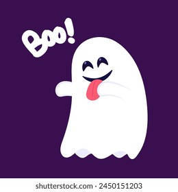 Cute ghost floating with Halloween pumpkin basket for Trick or Treat. Funny spooky boo character. Spook phantom with happy smiling face expression. Isolated kids flat vector illustration.