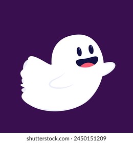 Cute ghost floating with Halloween pumpkin basket for Trick or Treat. Funny spooky boo character. Spook phantom with happy smiling face expression. Isolated kids flat vector illustration.