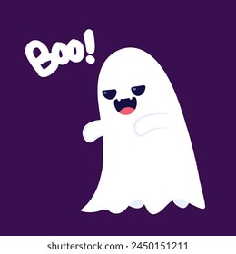 Cute ghost floating with Halloween pumpkin basket for Trick or Treat. Funny spooky boo character. Spook phantom with happy smiling face expression. Isolated kids flat vector illustration.